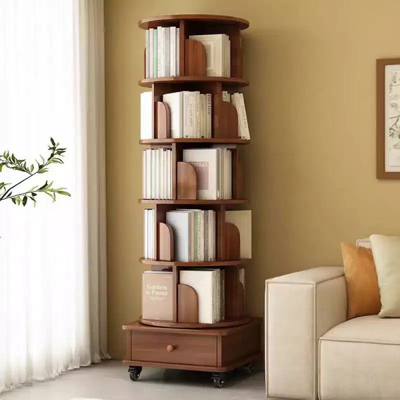 Bibliothèque d'angle pivotante à 360° Chic Crate à 6 niveaux avec roulettes, étagère étroite pour petits espaces, marron noyer