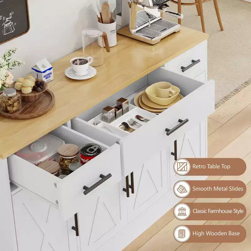 Buffet de cuisine Celebalcony avec rangement, grand buffet de cuisine de 135,6 cm avec 3 tiroirs et 4 portes, étagère réglable pour cuisine, salon