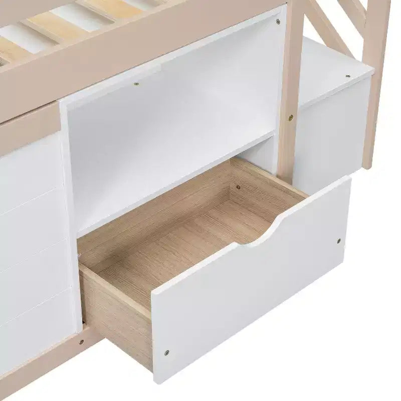 Lit mezzanine jumeau Okak en bois massif avec escalier et rangement, lits superposés jumeaux à profil bas avec tiroirs et étagères, lits mezzanine multifonctionnels pour enfants et adolescents