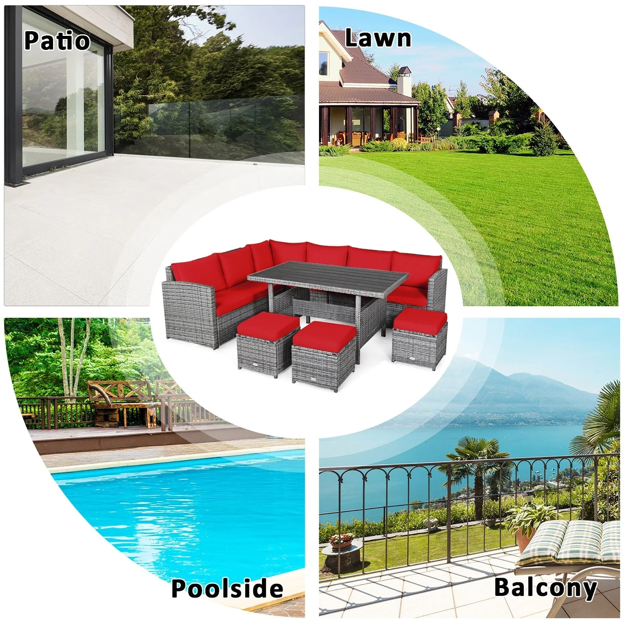 Ensemble de salle à manger Costway 7 pièces en rotin pour terrasse, canapé sectionnel et pouf - Voir détails