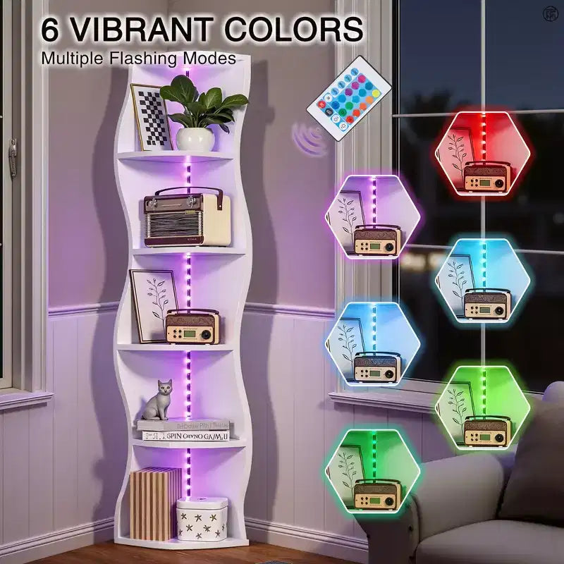 VECELO Étagère d'Angle Onde à 5 Niveaux, Étagère de Rangement Verticale Haute pour Petits Espaces et Salon, Blanche