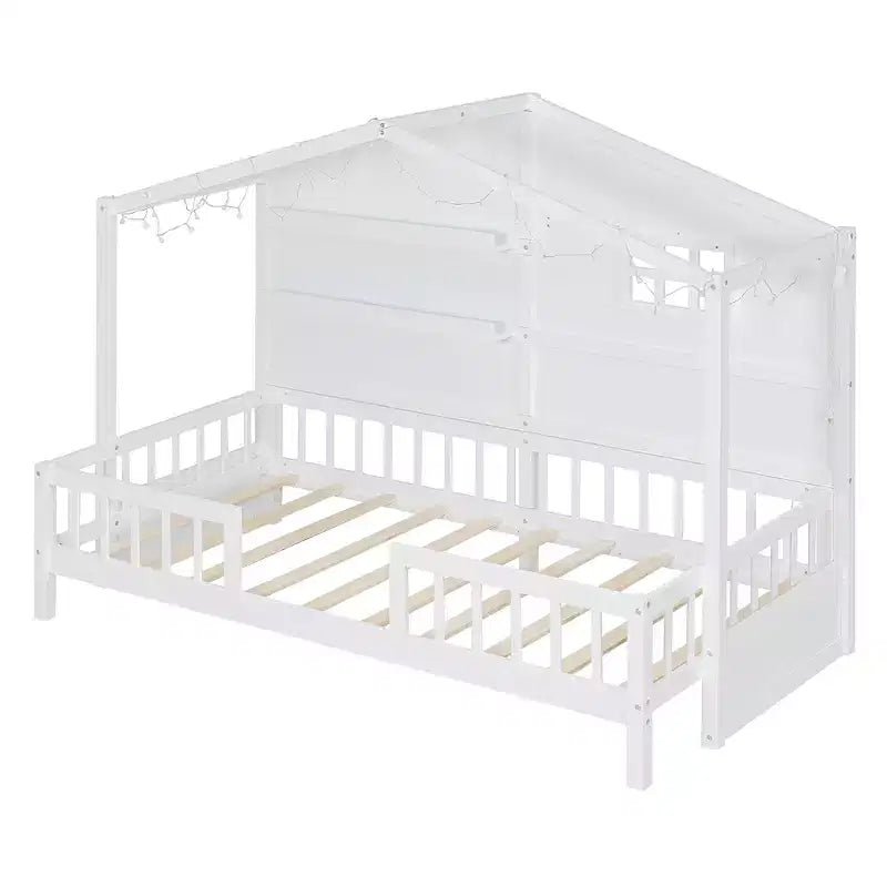 Lit cabane double avec étagères de rangement et barrières, cadre de lit Montessori en bois pour enfants avec fenêtre et bande lumineuse scintillante