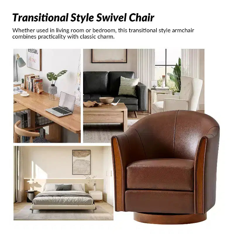 Fauteuil club pivotant en cuir véritable Pocono avec piétement en bois massif, lot de 2Artful Living Design
