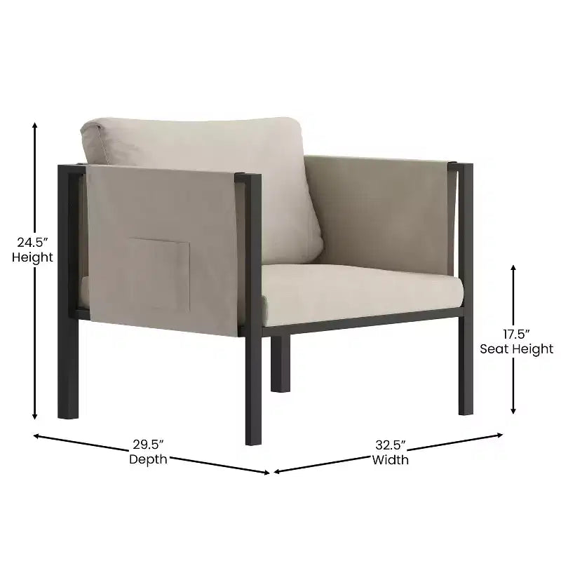 Fauteuil de salon Emma and Oliver pour patio intérieur/extérieur, club avec cadre en acier, coussins et 2 poches de rangement
