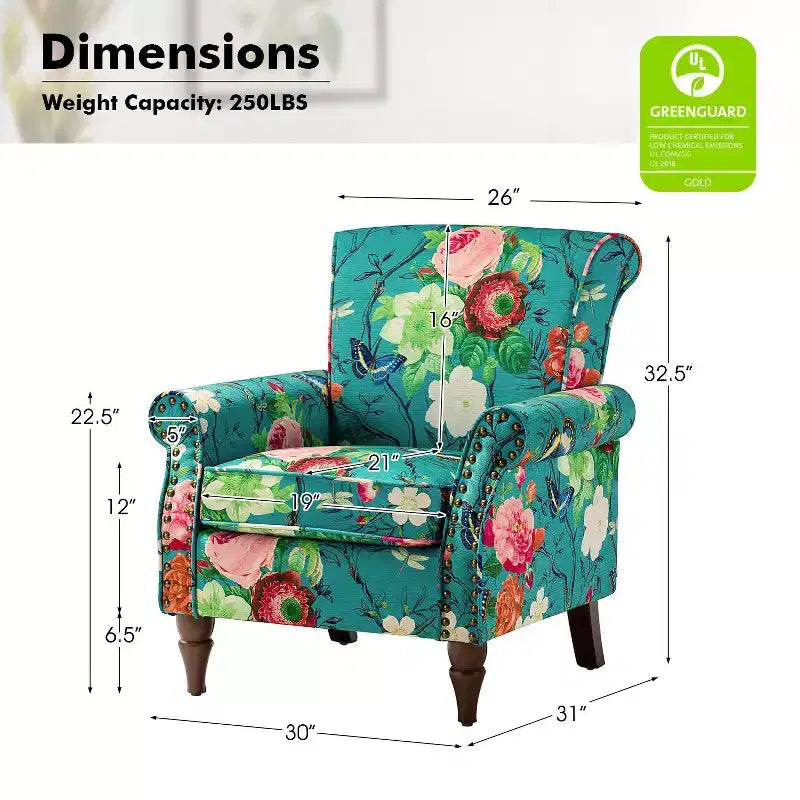 Fauteuil en bois traditionnel Araceli, rembourré à motifs floraux, avec dossier à oreilles et garniture cloutée | ART OF LIVING DESIGNS
