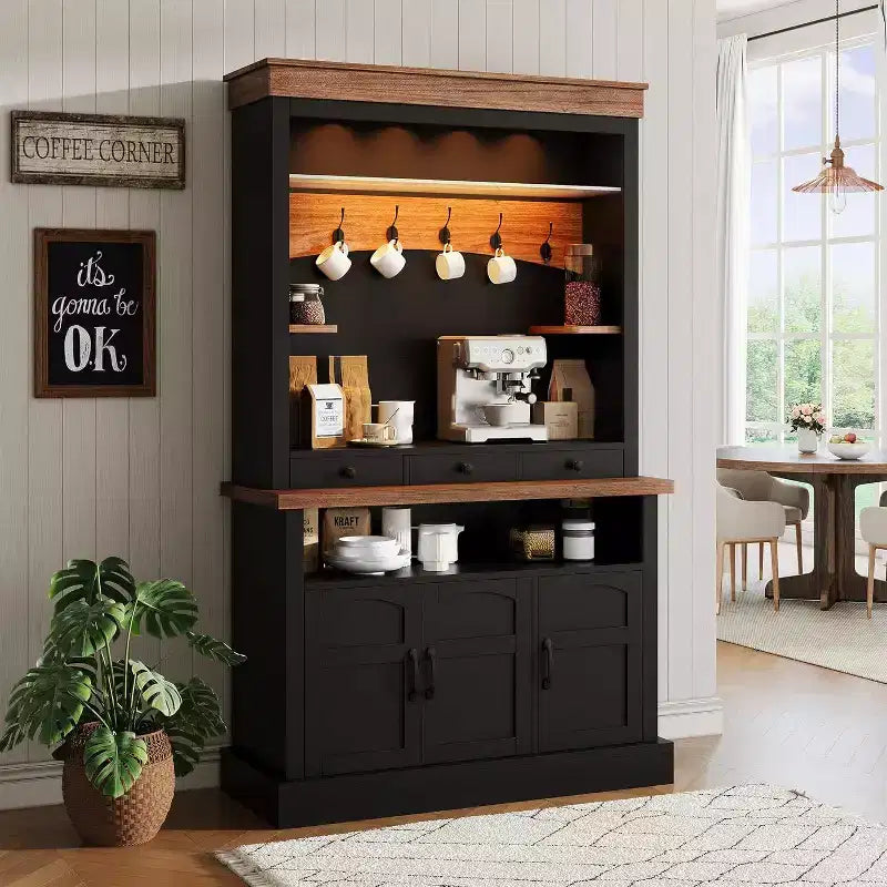 Meuble de bar à café de style ferme de 72 po de haut avec lumières LED, buffet de cuisine avec portes et tiroir, étagères réglables, rangement spacieux
