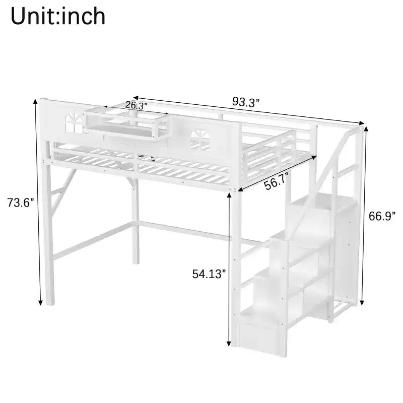 Lit mezzanine ModernLuxe double/grand format avec escalier et armoire intégrée, cadre de lit en métal avec lumières LED, station de charge USB et étagères de rangement