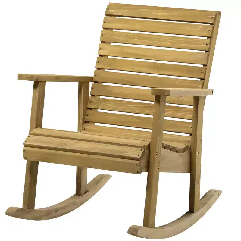 Chaise à bascule d'extérieur en bois Outsunny, bascule en bois à lattes traditionnelle avec accoudoirs pour l'intérieur et l'extérieur, marron clair