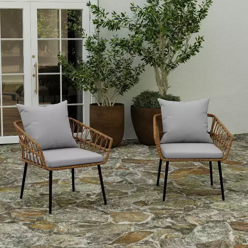 Merrick Lane Lot de deux chaises de patio en rotin tressé de style bohème, pour intérieur/extérieur, avec coussins