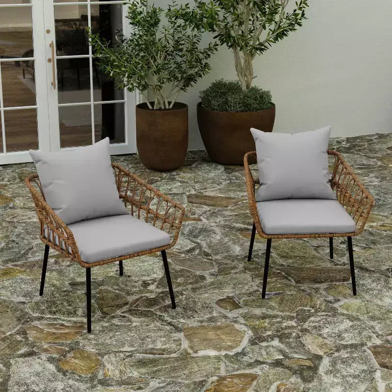 Merrick Lane Lot de deux chaises de patio en rotin tressé de style bohème, pour intérieur/extérieur, avec coussins