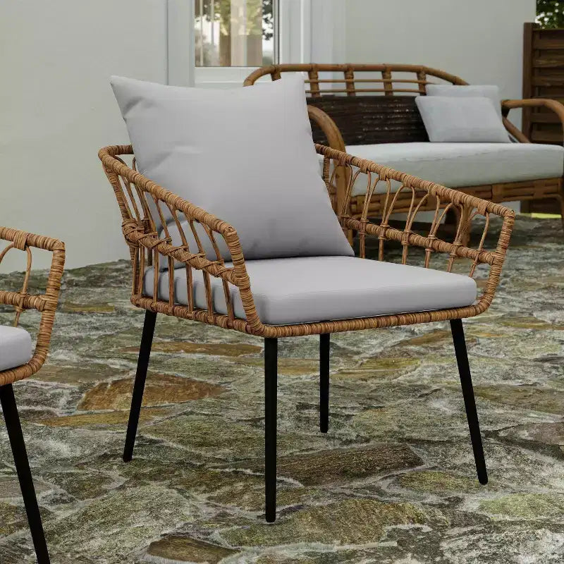 Merrick Lane Lot de deux chaises de patio en rotin tressé de style bohème, pour intérieur/extérieur, avec coussins