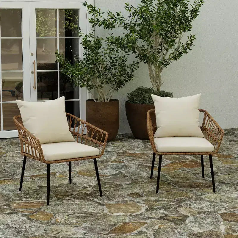 Merrick Lane Lot de deux chaises de patio en rotin tressé de style bohème, pour intérieur/extérieur, avec coussins