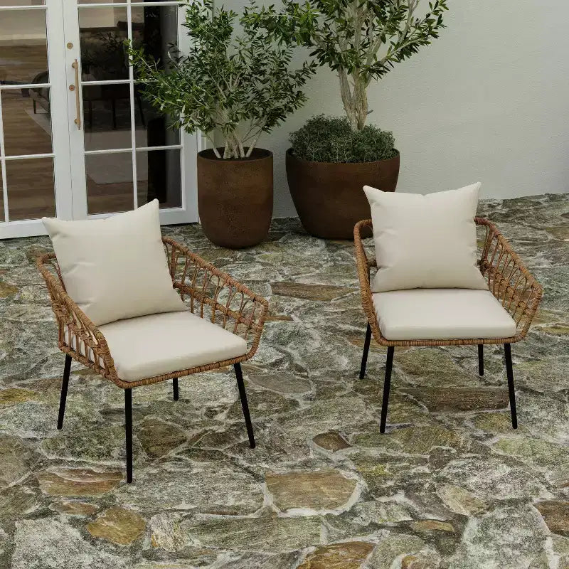 Merrick Lane Lot de deux chaises de patio en rotin tressé de style bohème, pour intérieur/extérieur, avec coussins