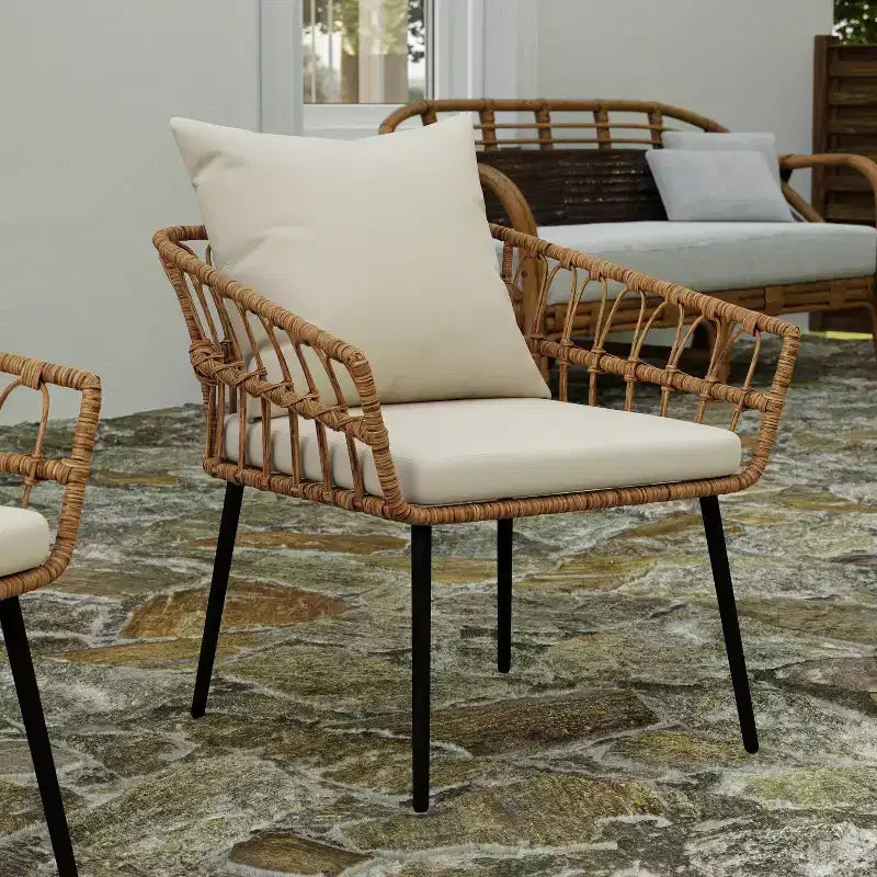 Merrick Lane Lot de deux chaises de patio en rotin tressé de style bohème, pour intérieur/extérieur, avec coussins