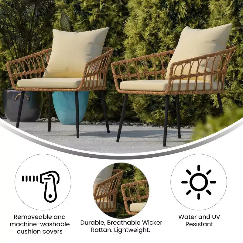 Merrick Lane Lot de deux chaises de patio en rotin tressé de style bohème, pour intérieur/extérieur, avec coussins