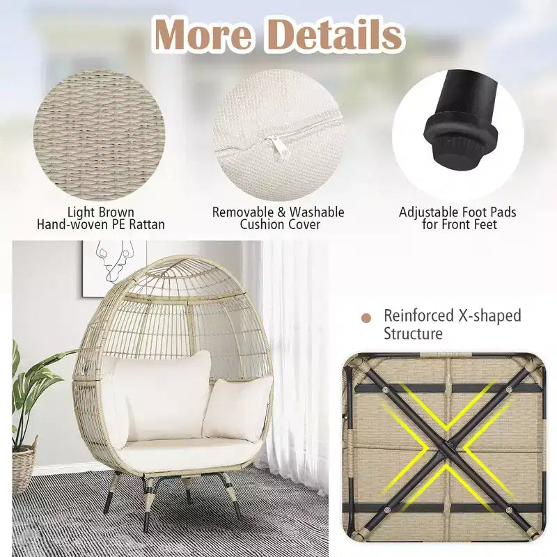 Fauteuil œuf surdimensionné en rotin Costway avec 4 coussins pour l'intérieur et l'extérieur