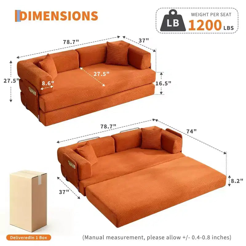 Canapé convertible, matelas pliant 5-en-1 de 78,8 po, cadre en acier à forme fixe, velours côtelé avec oreillers