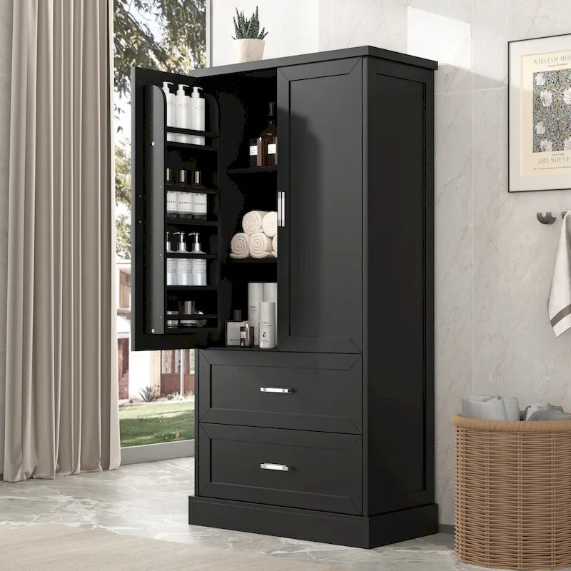 Meuble haut de salle de bain, Meuble avec deux portes et tiroirs, Étagère réglable, Panneau MDF