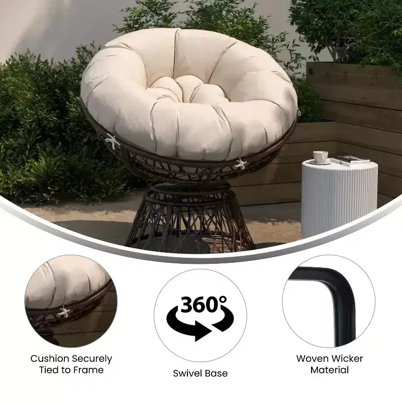 Fauteuil de patio pivotant en osier tressé de style Papasan Merrick Lane avec coussin amovible toutes saisons
