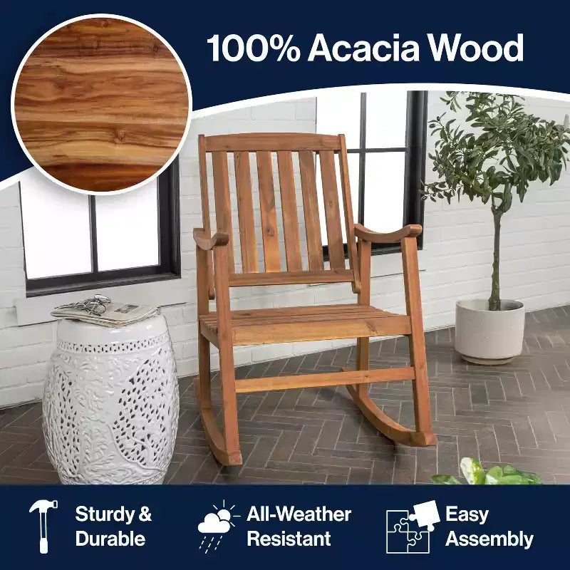 Fauteuil à bascule d'extérieur en bois d'acacia avec dossier à lattes Penny Classic - JONATHAN Y