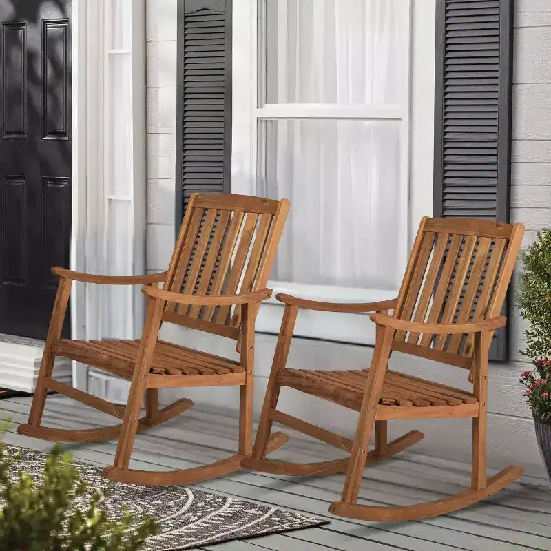 Paire de chaises à bascule d'extérieur Perry Classic en bois d'acacia avec dossier à lattes - JONATHAN Y
