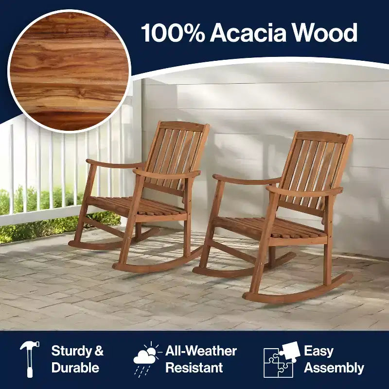 Paire de chaises à bascule d'extérieur Perry Classic en bois d'acacia avec dossier à lattes - JONATHAN Y