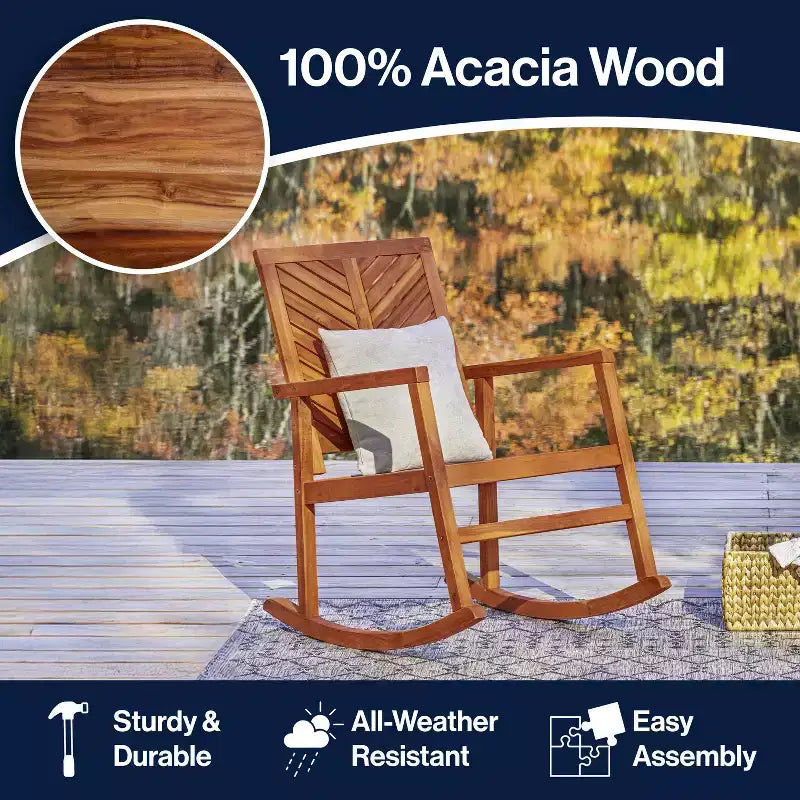 JONATHAN Y Chaise à Bascule d'Extérieur Moderne Chevron-Back en Bois d'Acacia 300 lbs