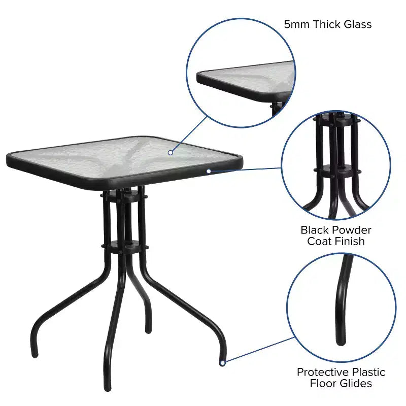 Ensemble de table de patio trois pièces Emma et Oliver avec table à cadre métallique carré avec plateau en verre trempé et deux chaises empilables Flex Comfort