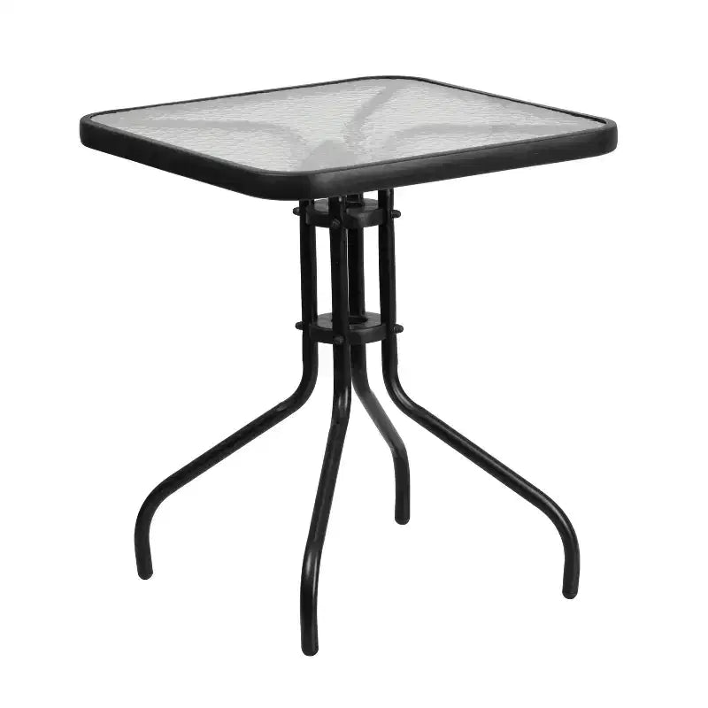 Ensemble de table de patio trois pièces Emma et Oliver avec table à cadre métallique carré avec plateau en verre trempé et deux chaises empilables Flex Comfort