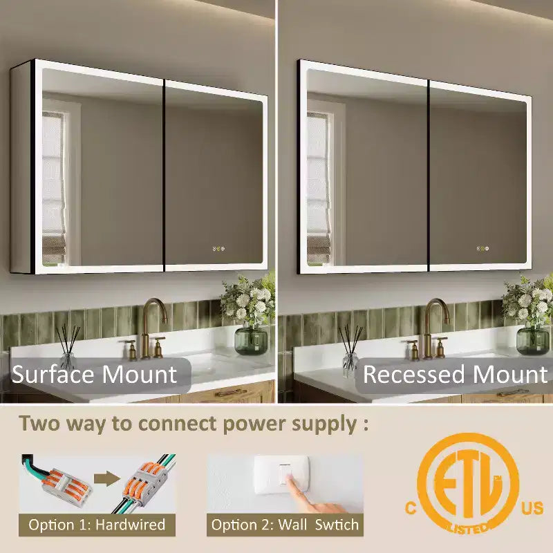 Armoire de toilette avec miroir LED, montage en saillie ou encastré, lumière dimmable, anti-buée, étagères réglables