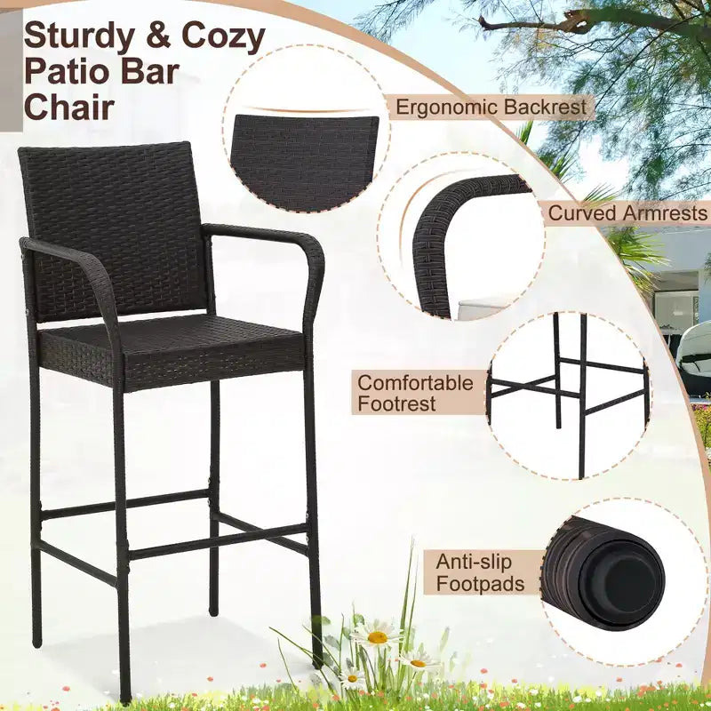 Costway Lot de 2 chaises de bar de terrasse en résine tressée avec accoudoirs et coussins