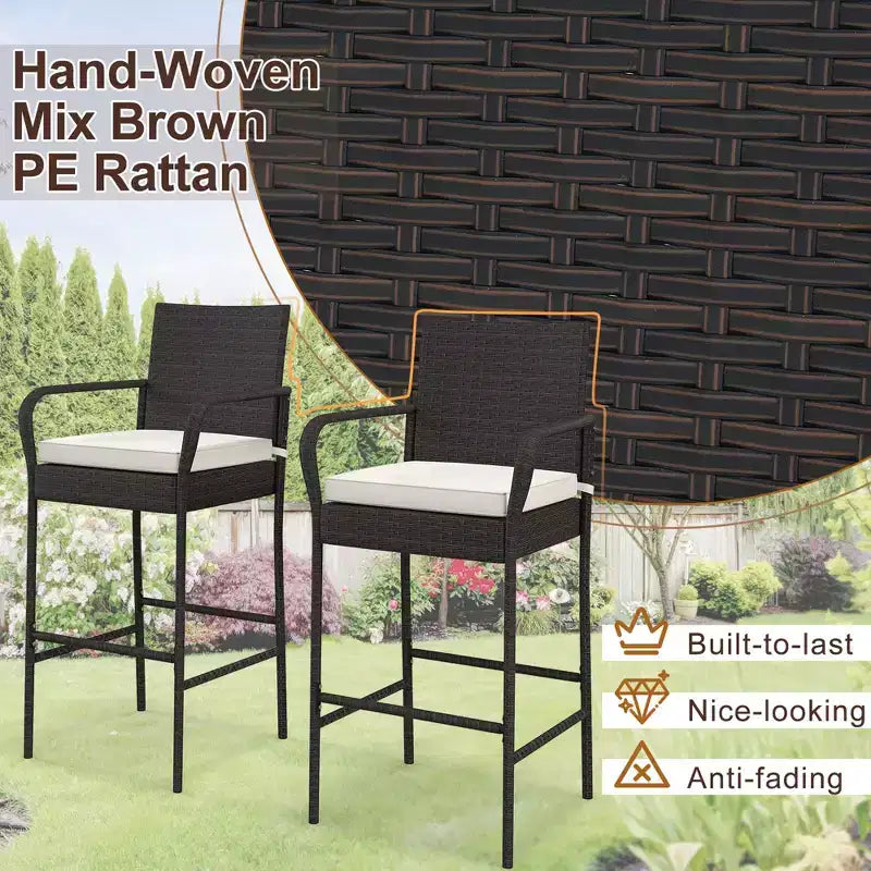 Costway Lot de 2 chaises de bar de terrasse en résine tressée avec accoudoirs et coussins