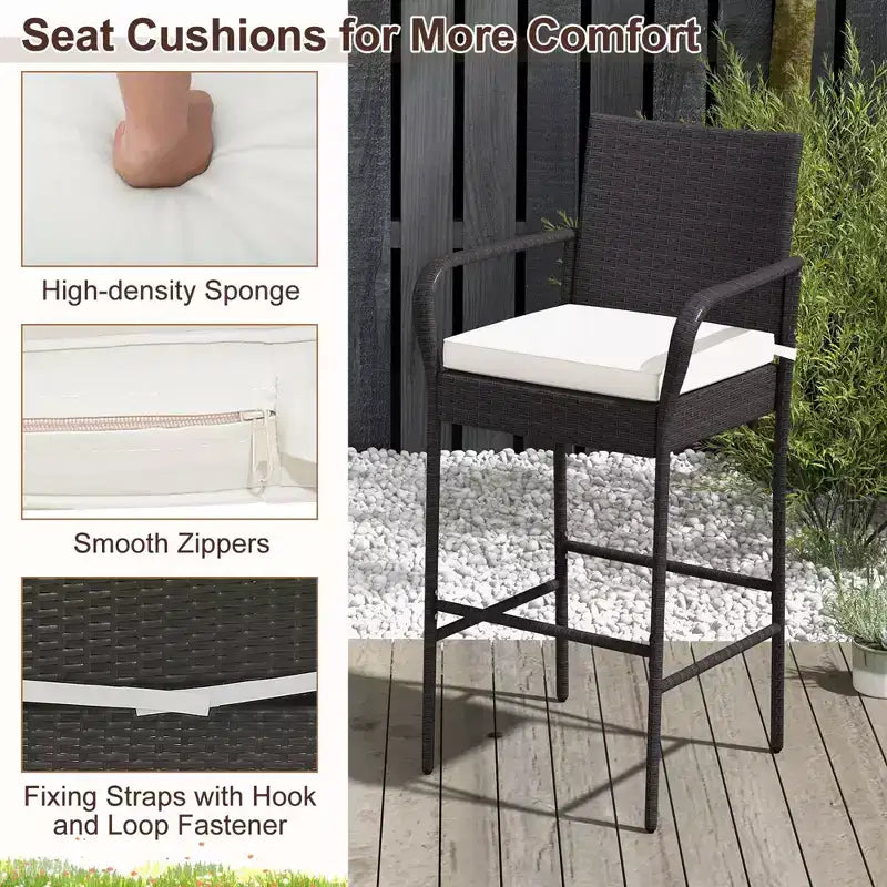 Costway Lot de 2 chaises de bar de terrasse en résine tressée avec accoudoirs et coussins
