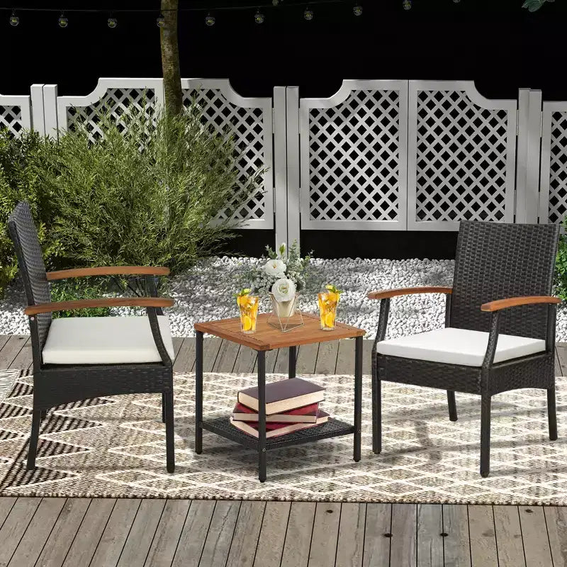 Chaises de patio en rotin PE Costway, accoudoirs en bois d'acacia avec coussin doux zippé, pour balcon