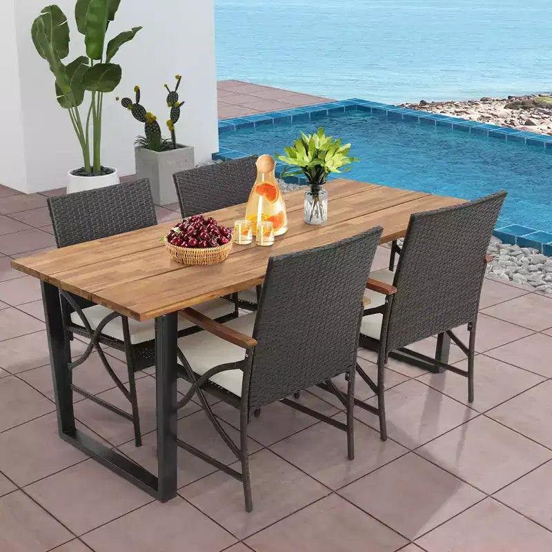 Costway 5 PCS Patio Rattan Dining Set Acacia Wood Table 4 Wicker Chairs with Umbrella Hole