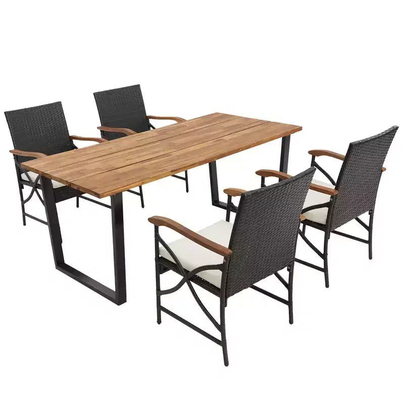 Costway Ensemble de salle à manger en rotin 5 pièces pour patio, table en bois d'acacia et 4 chaises en osier avec trou pour parasol