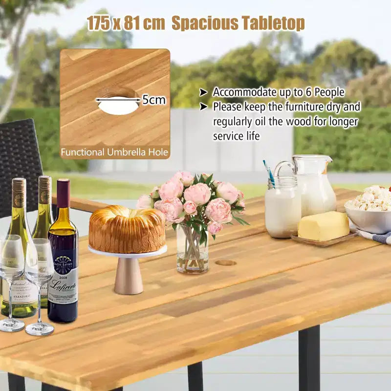 Costway Ensemble de salle à manger en rotin 5 pièces pour patio, table en bois d'acacia et 4 chaises en osier avec trou pour parasol