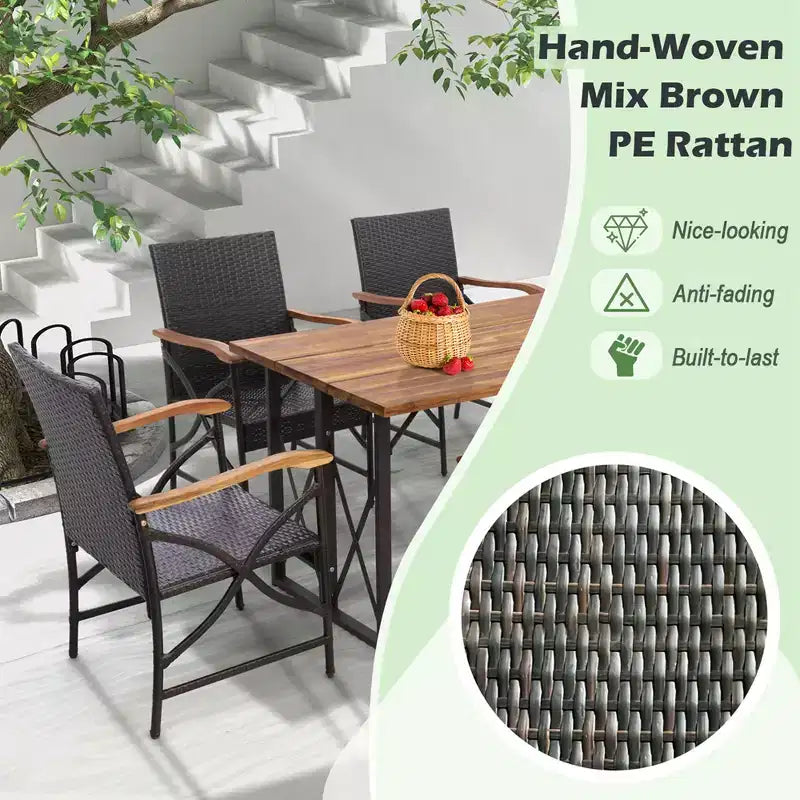 Costway Ensemble de salle à manger en rotin 5 pièces pour patio, table en bois d'acacia et 4 chaises en osier avec trou pour parasol