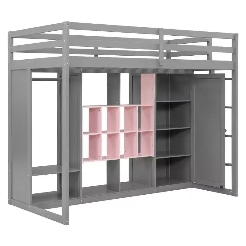 Lit mezzanine enfant avec armoire et étagères, Cadre de lit mezzanine en bois avec meuble de rangement pour enfants et adolescents