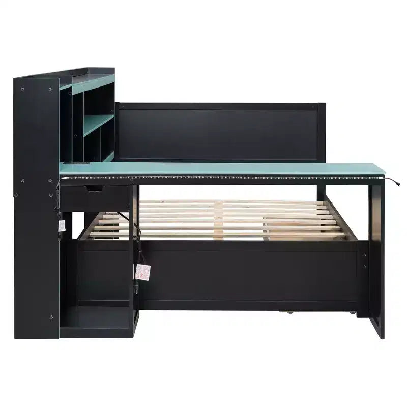 Lit de repos de jeu double/grand avec tête de lit bibliothèque, lumières LED, bureau intégré, tiroirs et station de charge