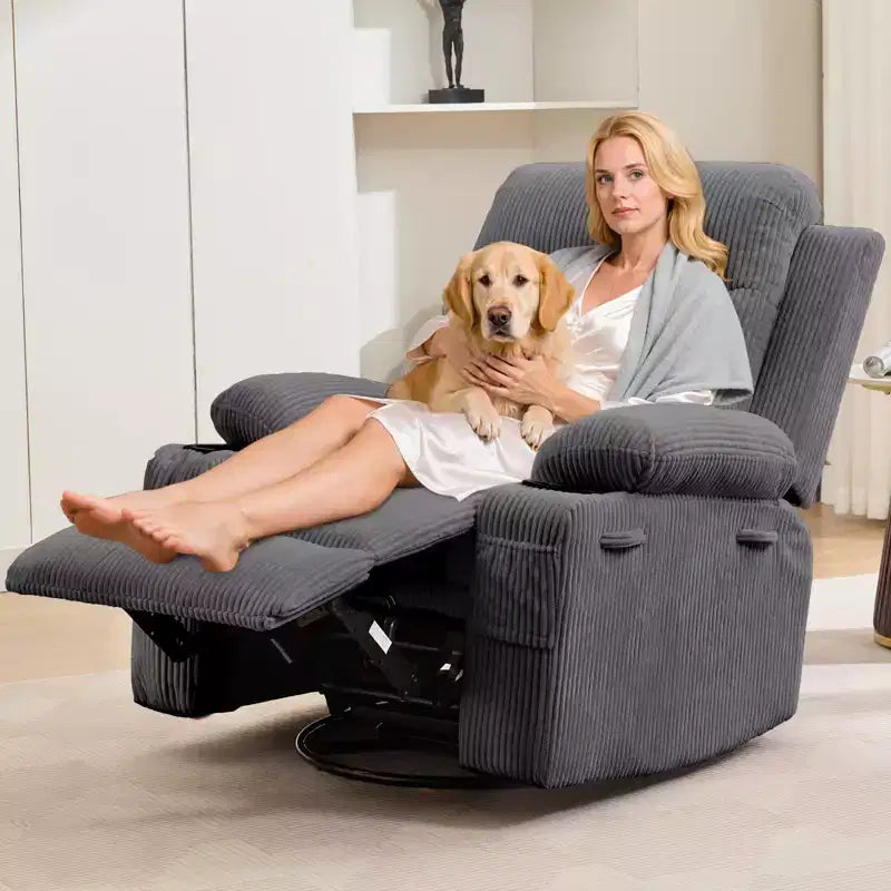 Fauteuil inclinable surdimensionné 360 pivotant et berçant avec massage et chaleur - Fauteuil de salon ergonomique avec porte-gobelets, poches latérales pour salon, chambre de bébé