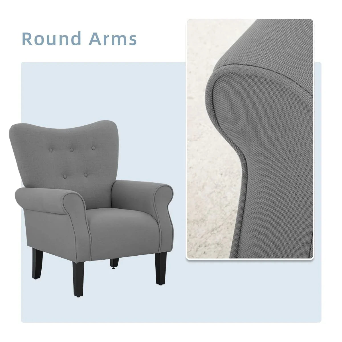Fauteuil d'appoint moderne Erommy, fauteuil à dossier haut, canapé simple en tissu rembourré avec boutons et pieds en bois pour salon