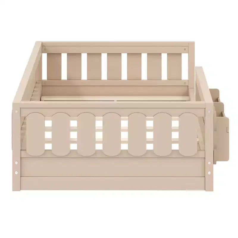 Cadre de lit plateforme pour enfant, tailles jumeau et double, avec barrière de sécurité, étagères intégrées et rangements