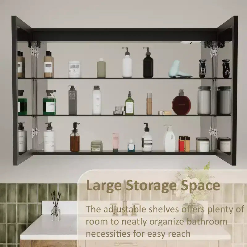 Armoire de toilette avec miroir LED, montage en saillie ou encastré, lumière dimmable, anti-buée, étagères réglables
