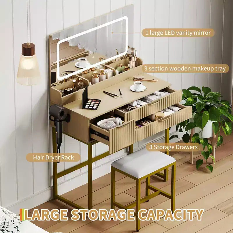 Coiffeuse avec miroir et lumières, miroir lumineux à LED, tiroirs de rangement spacieux pour produits cosmétiques et articles de toilette