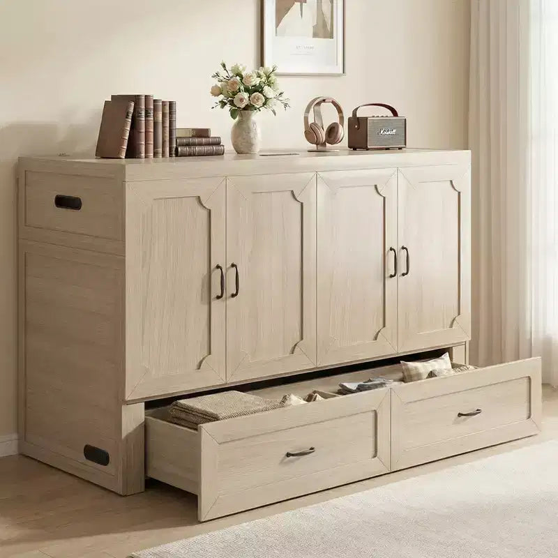 Lit armoire escamotable convertible Mjkone Queen Size avec chargement USB, tiroirs de rangement, matelas non inclus