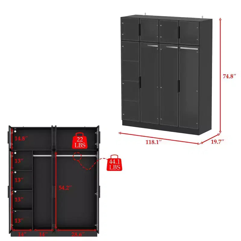Armoire de luxe Hitow Pure Black avec portes en verre trempé, armoire LED 3 couleurs, organisateur de placard de chambre du sol au plafond, placard de dressing