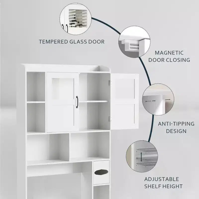 Meuble de rangement pour toilettes – Organisateur de salle de bain de style ferme de 171 cm de haut avec étagère réglable et porte en verre pour salle de bain, buanderie