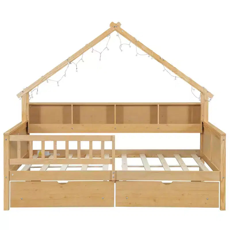 Cadre de lit maison pleine grandeur avec tiroirs, lit plate-forme maison avec lumières LED, étagères de rangement et tiroirs, lit de repos en bois avec toit et garde-corps