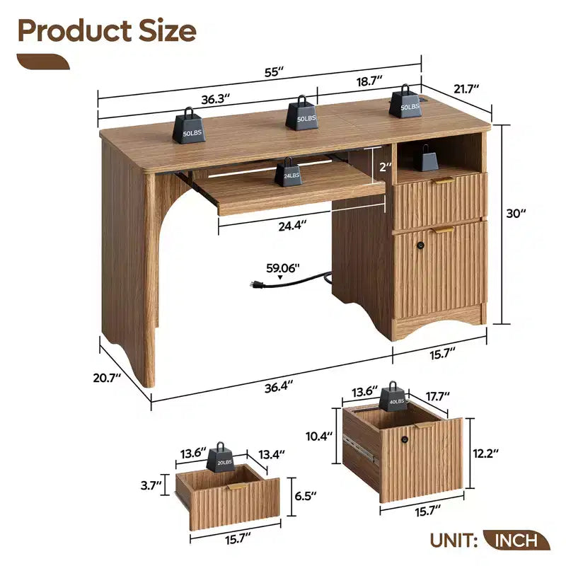 Bureau d'ordinateur intelligent Bestier 55, bureau en chêne avec tiroirs de classement et prise de courant, bureau de direction avec rangement ouvert et tiroir à clavier